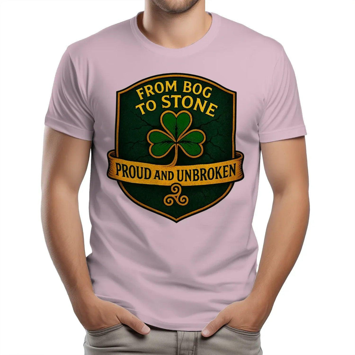 Light purple crew-neck T-shirt with front shield clover graphic reading "From Bog to Stone"