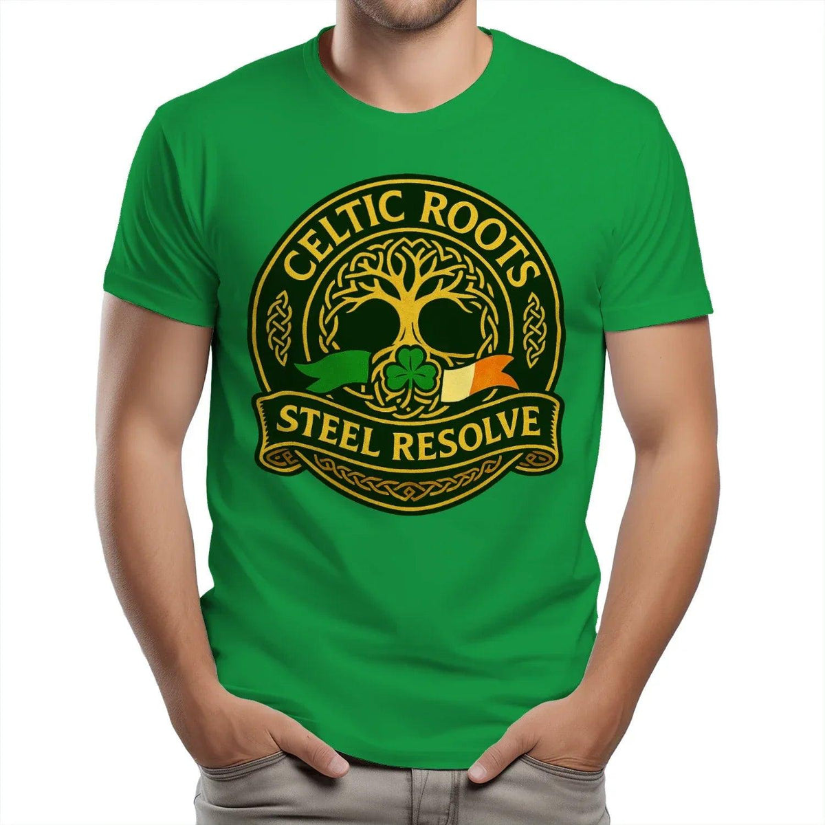 Green short-sleeve T-shirt with Celtic Roots Steel Resolve emblem print on front
