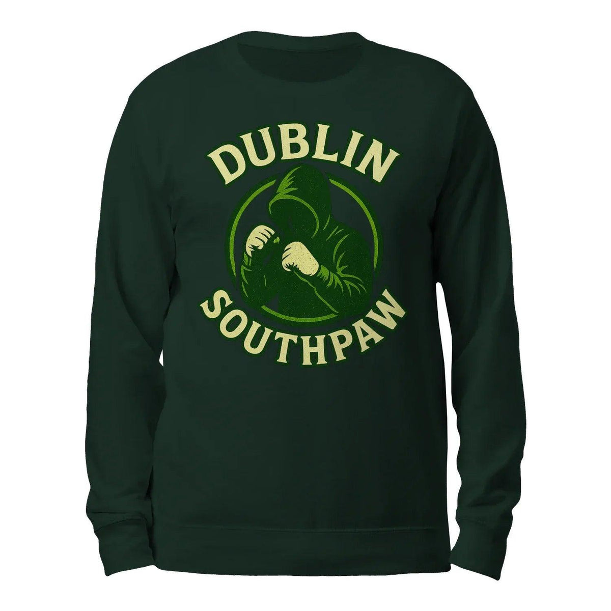 Dark green sweatshirt with “DUBLIN SOUTHPAW” back graphic, crew neck, long sleeves.