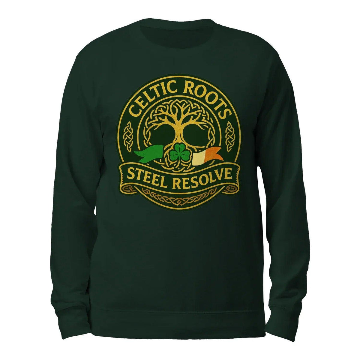 Dark green crewneck sweatshirt with front gold “CELTIC ROOTS / STEEL RESOLVE” logo