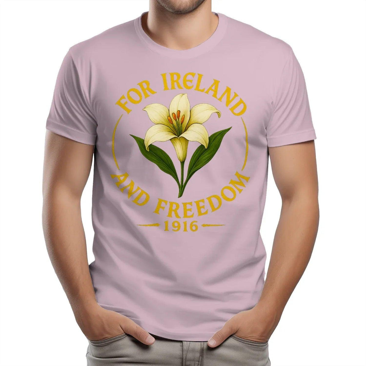Lavender heavy cotton T-shirt with yellow flower emblem and “For Ireland and Freedom 1916”