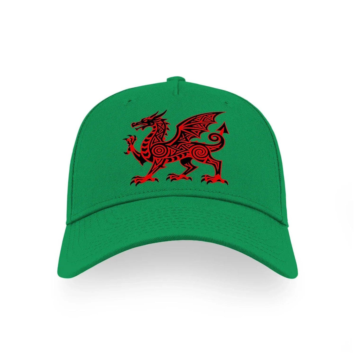 Green baseball cap with a red dragon emblem on the front.