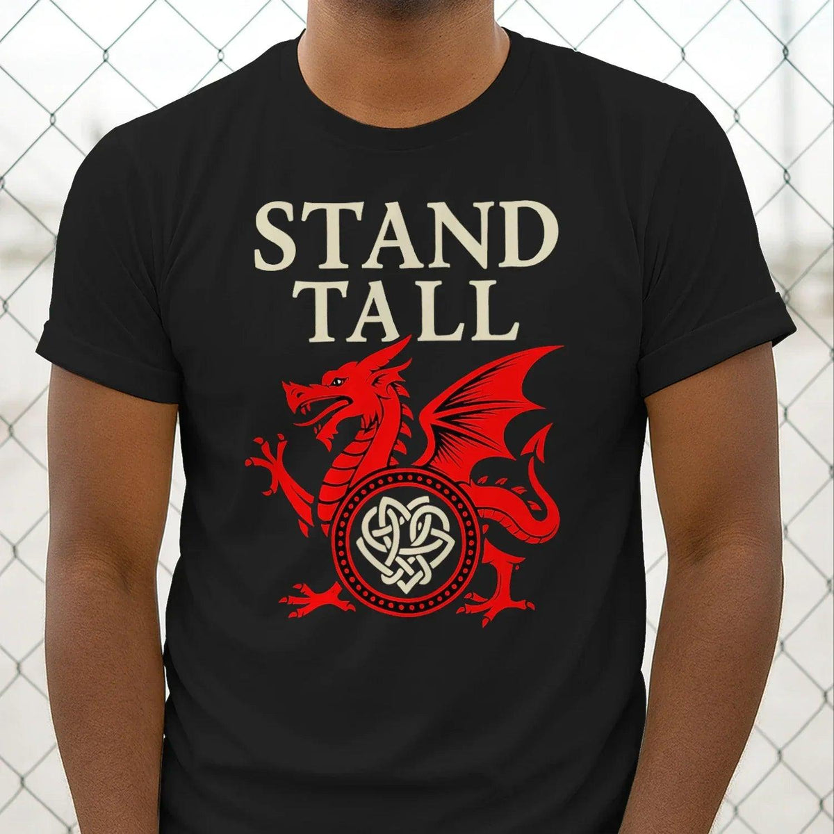 Black crew-neck T-shirt with Stand Tall lettering and red dragon emblem
