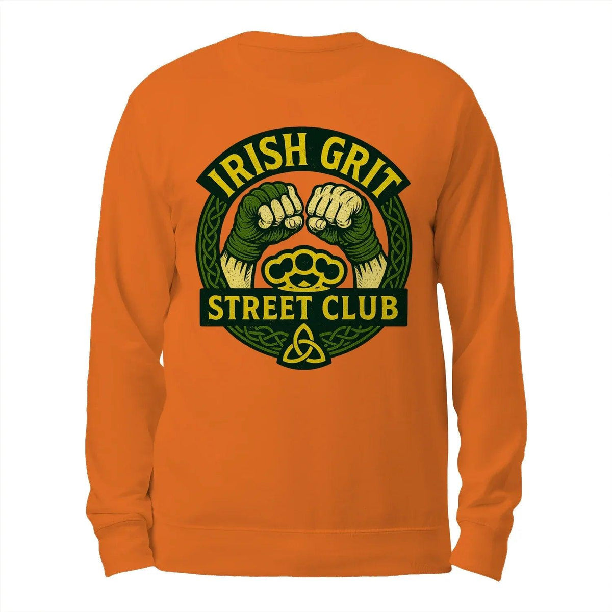Orange crewneck sweatshirt with green circular logo graphic on the back