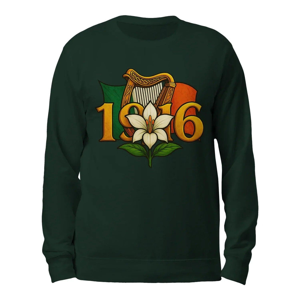 Forest green sweatshirt with central lily and “1916” graphic on chest