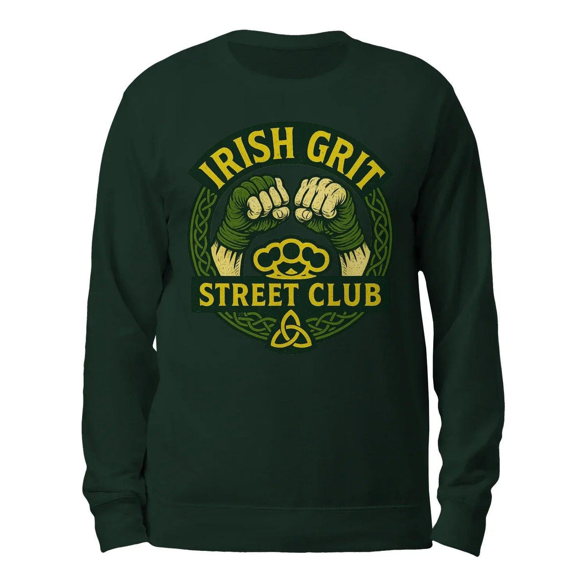 Dark green crewneck sweatshirt with green circular logo graphic on the back