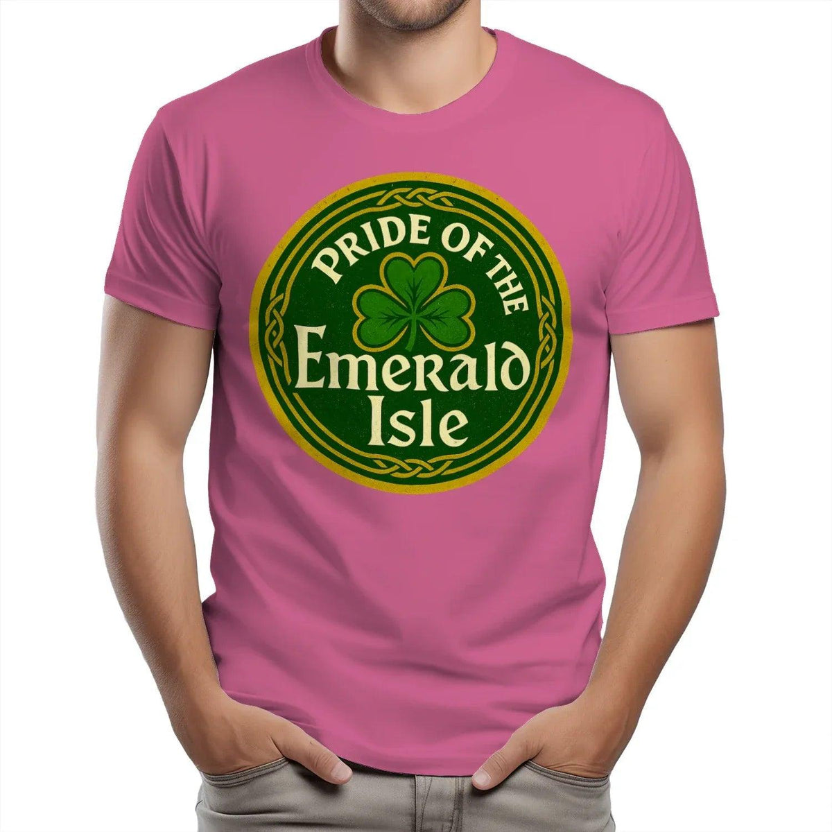 Pink T-shirt with large centered circular clover “Emerald Isle” graphic