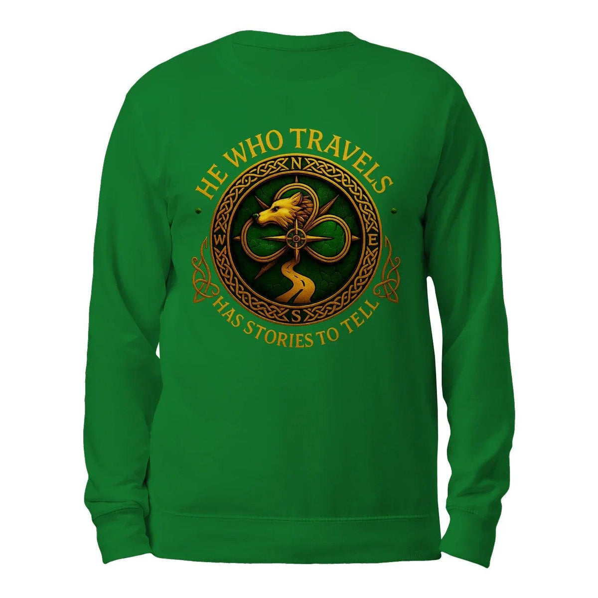 Green crewneck sweatshirt with large golden back graphic and circular emblem text.