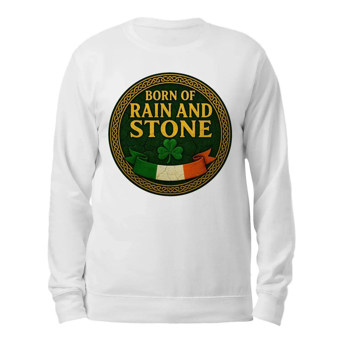 White crewneck sweatshirt, back view, with large circular graphic logo