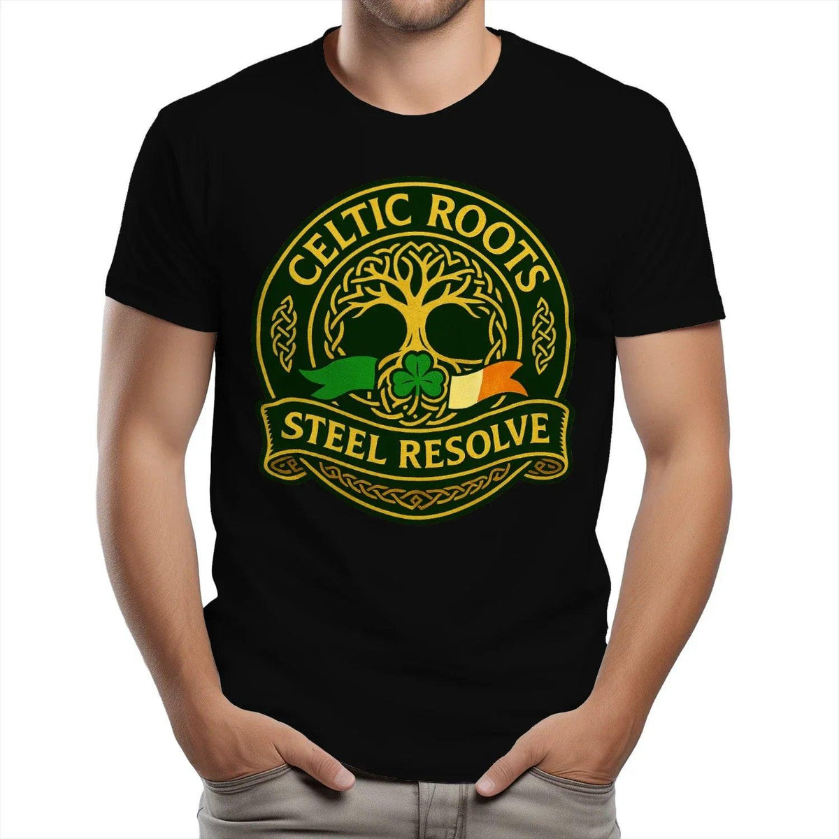 Black heavy t-shirt with large Celtic roots crest, green “Steel Resolve” graphic