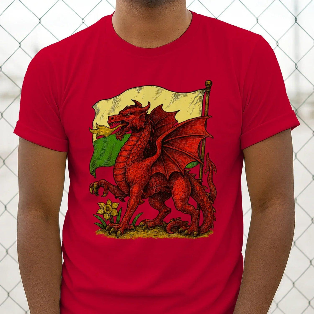 Men's classic t-shirt in red with Welsh dragon flag graphic on front