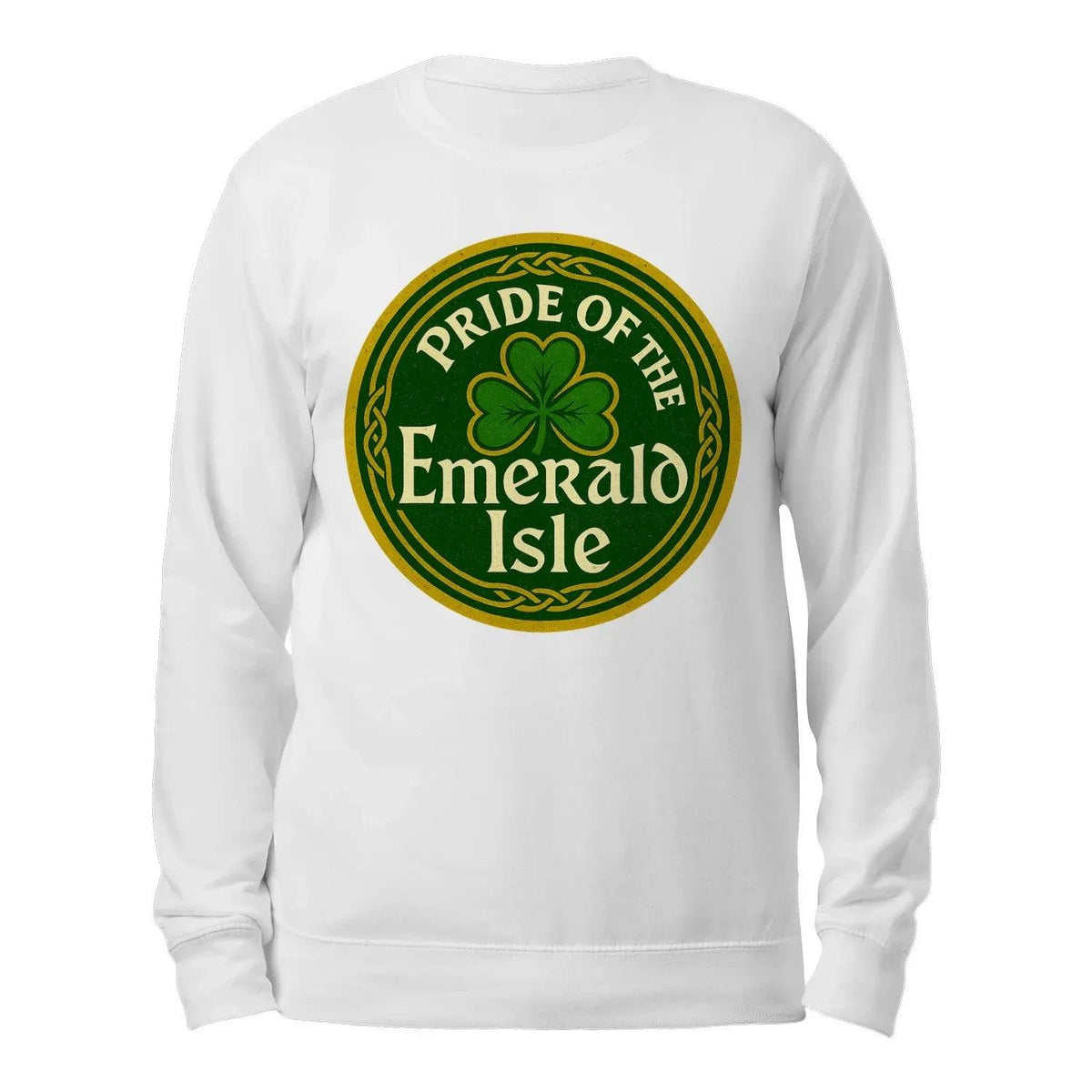 White sweatshirt with crew neck and green Emerald Isle logo, back