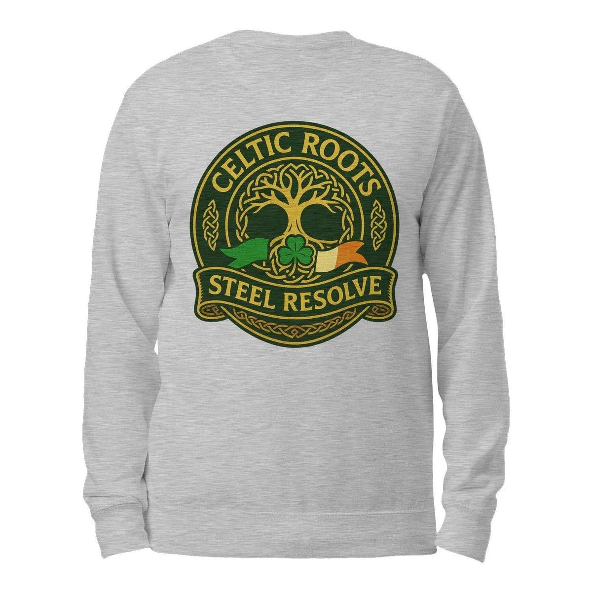 Heather grey crewneck sweatshirt back view with Celtic Roots Steel Resolve logo.