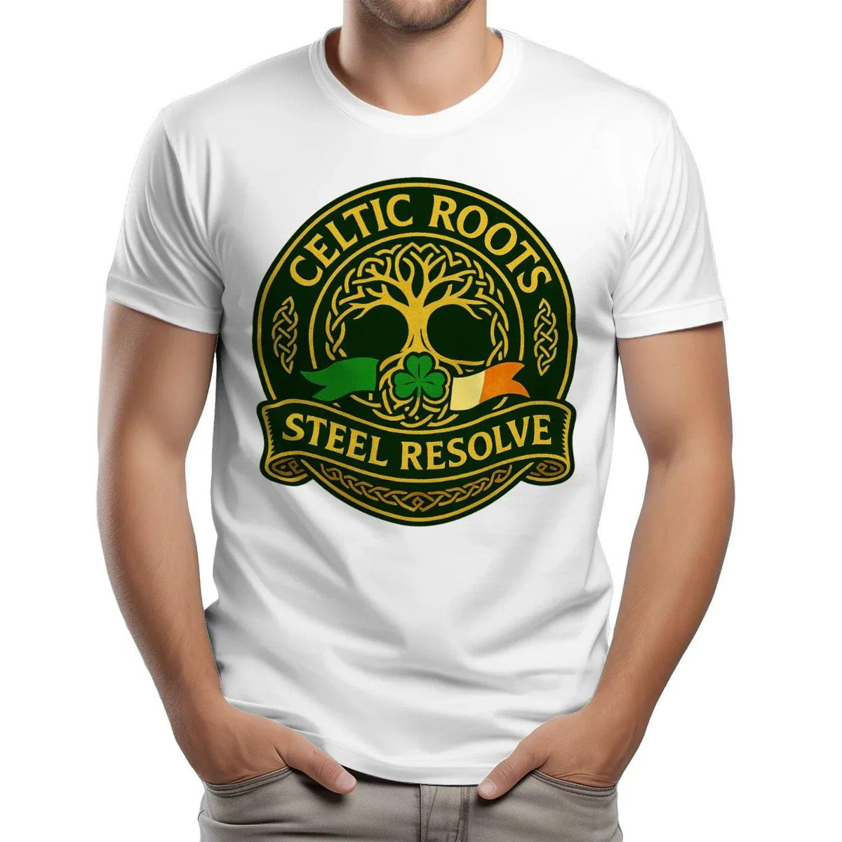 White heavy t-shirt featuring green Celtic roots emblem and “Steel Resolve” banner