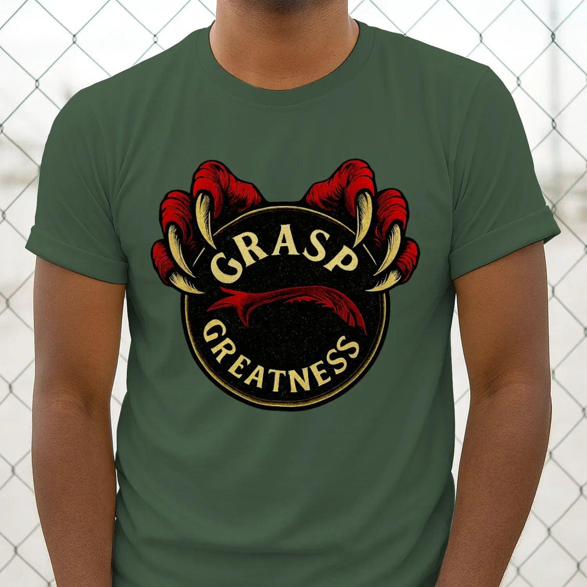 Dark green crew-neck T-shirt with large emblem logo on chest