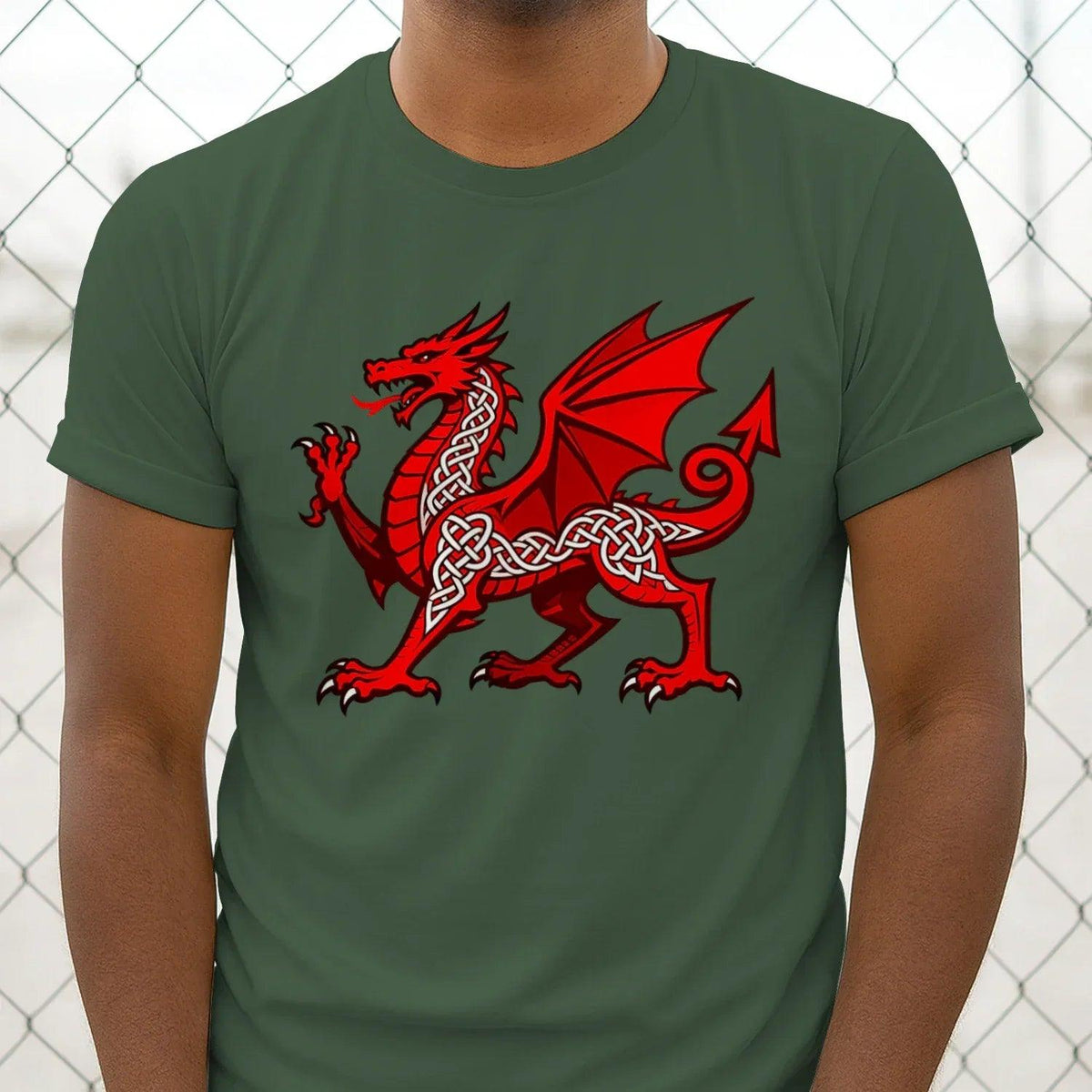 Dark green T-shirt with red Celtic knot dragon graphic on the chest