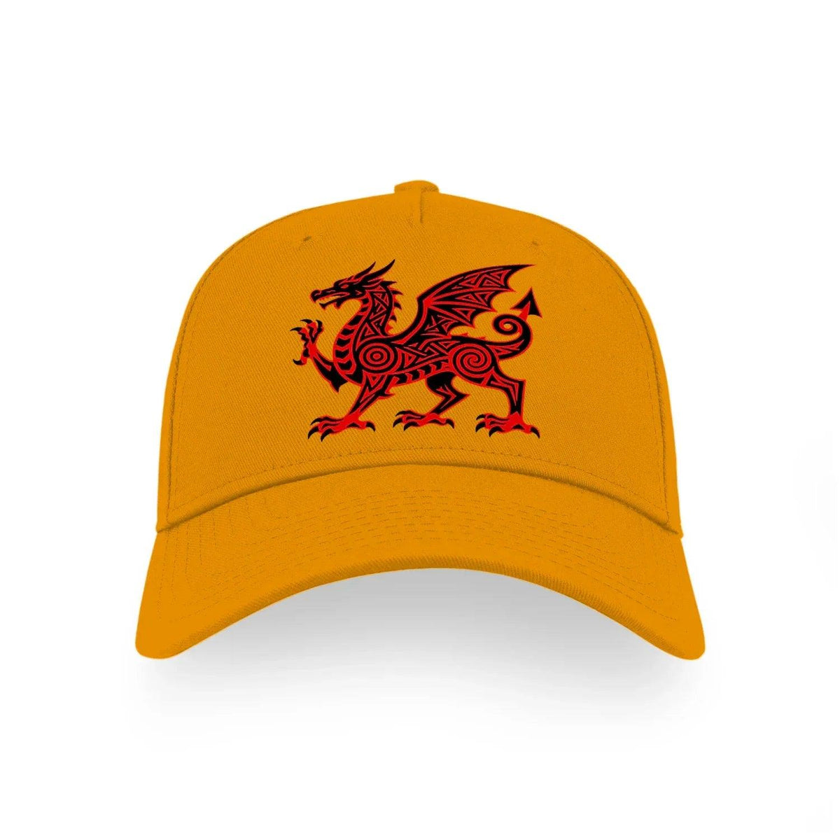 Orange baseball cap with red dragon crest front logo and curved brim
