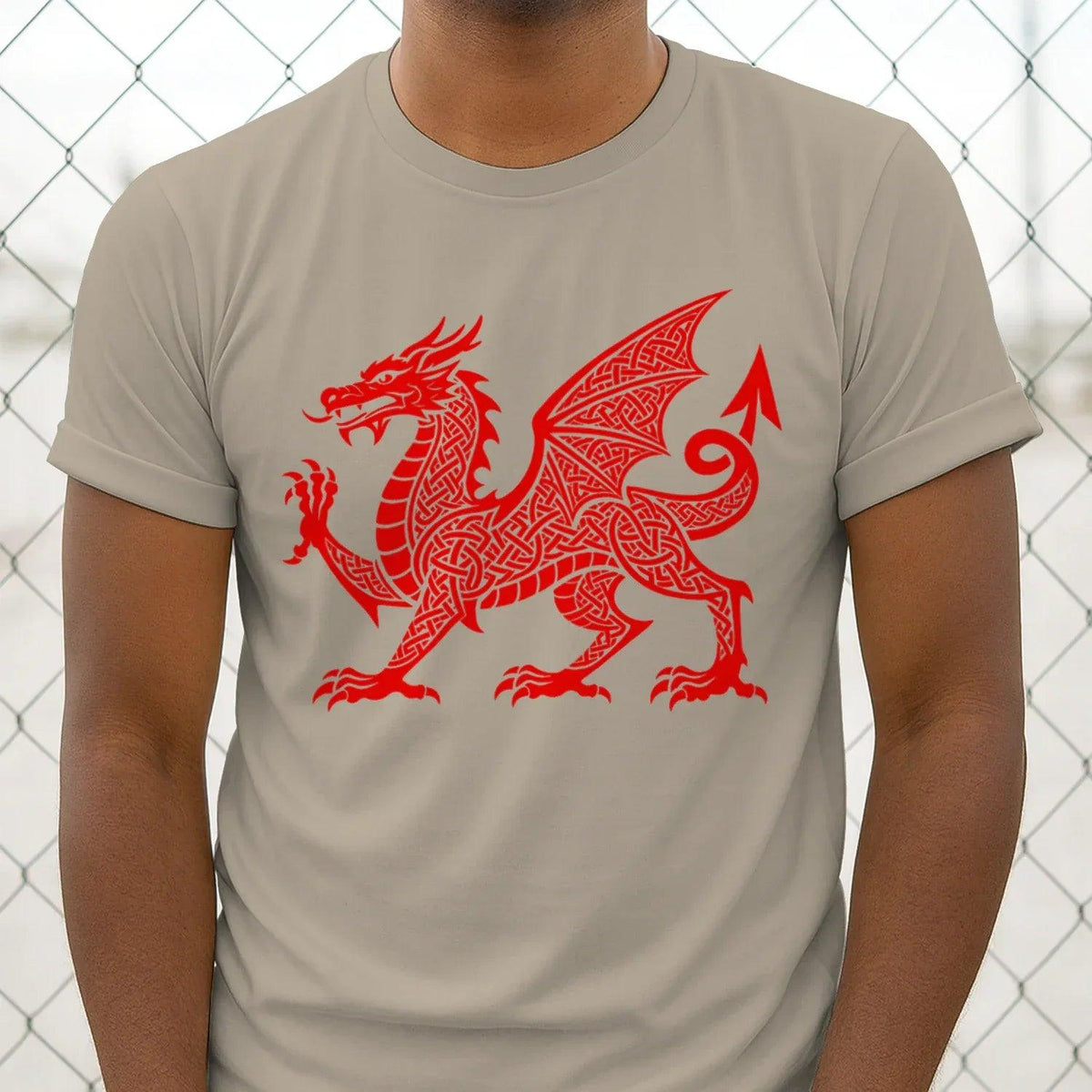 Light gray T-shirt with red Celtic dragon knotwork graphic on front