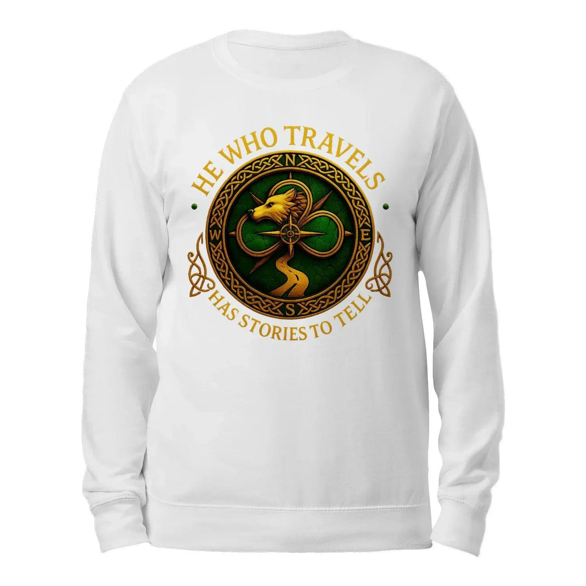 White crewneck sweatshirt with centered gold bird emblem and circular text graphic.