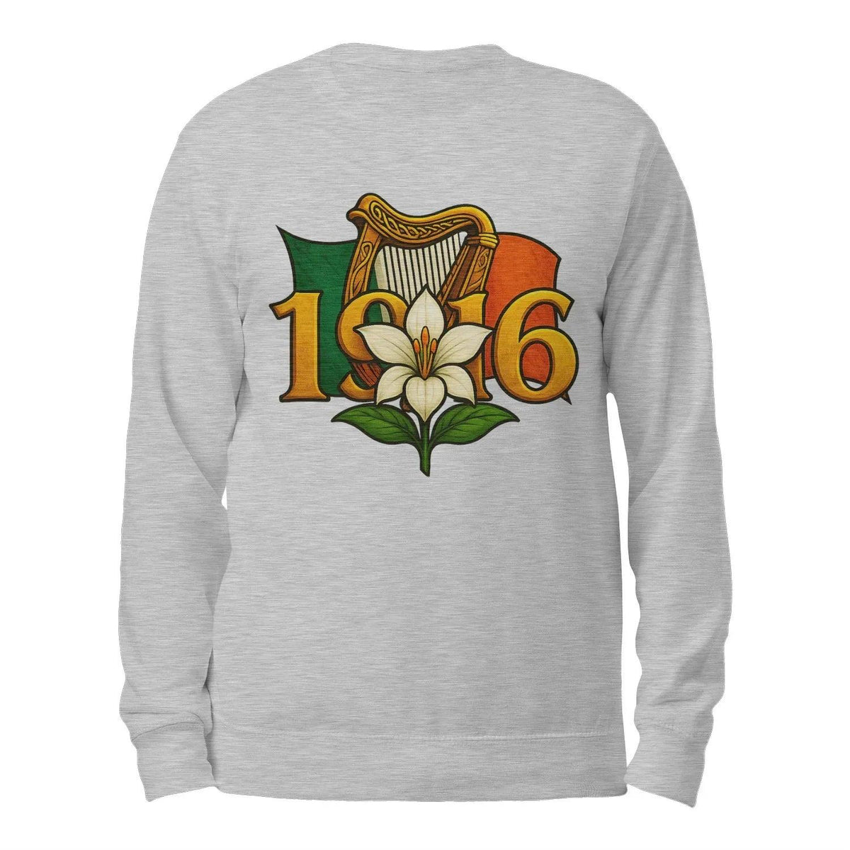 Heather grey sweatshirt with lily and “1916” graphic on back