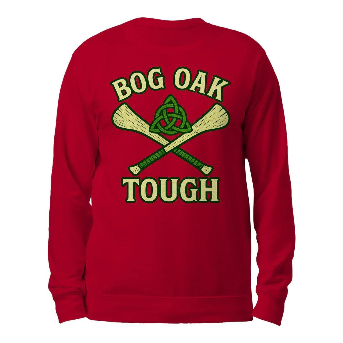 Red crewneck sweatshirt with “BOG OAK TOUGH” graphic on back