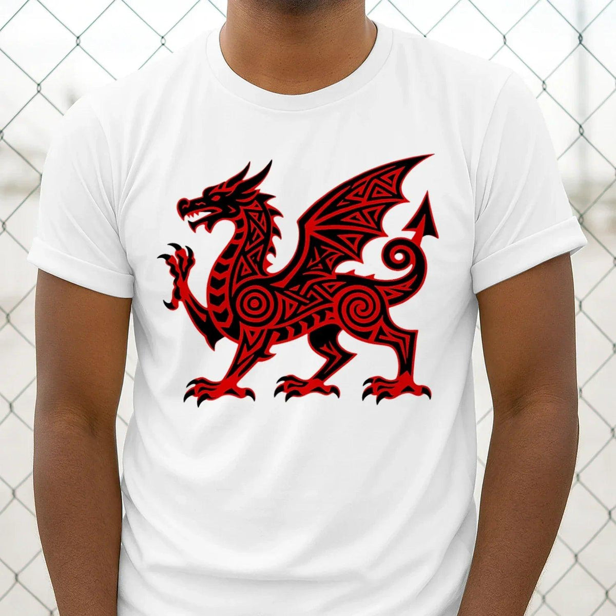White T-shirt with large red dragon graphic