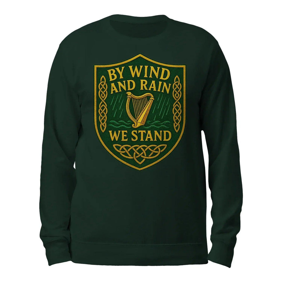 Dark green crewneck sweatshirt with front crest graphic