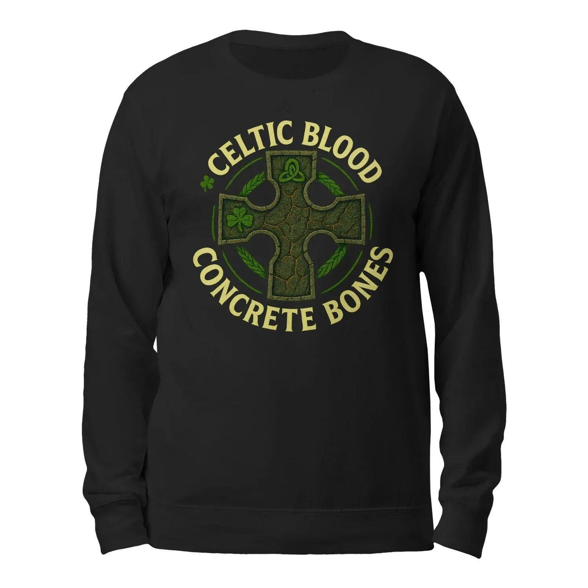 Black sweatshirt laid flat, back view with circular Celtic cross and bones graphic