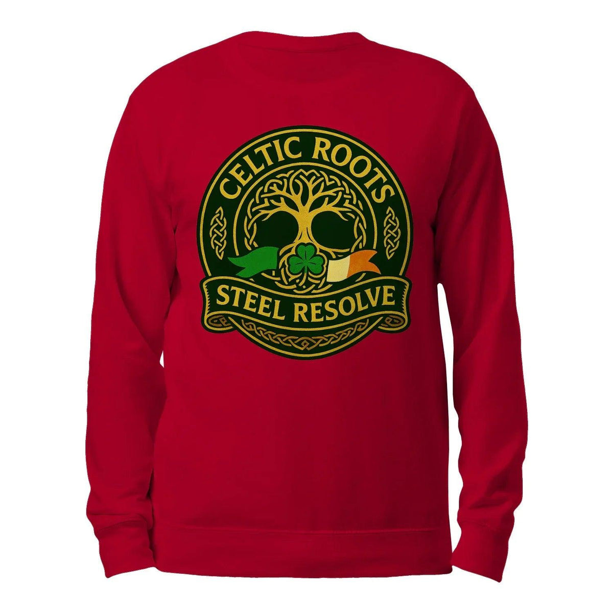 Red crewneck sweatshirt with front gold crest graphic reading “CELTIC ROOTS / STEEL RESOLVE”