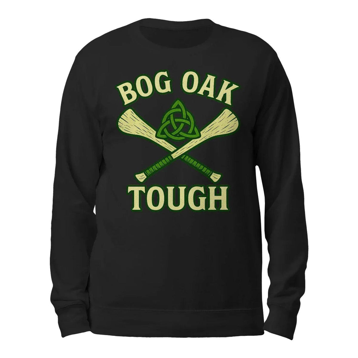 Black crewneck sweatshirt with green 'BOG OAK TOUGH' celtic axe design