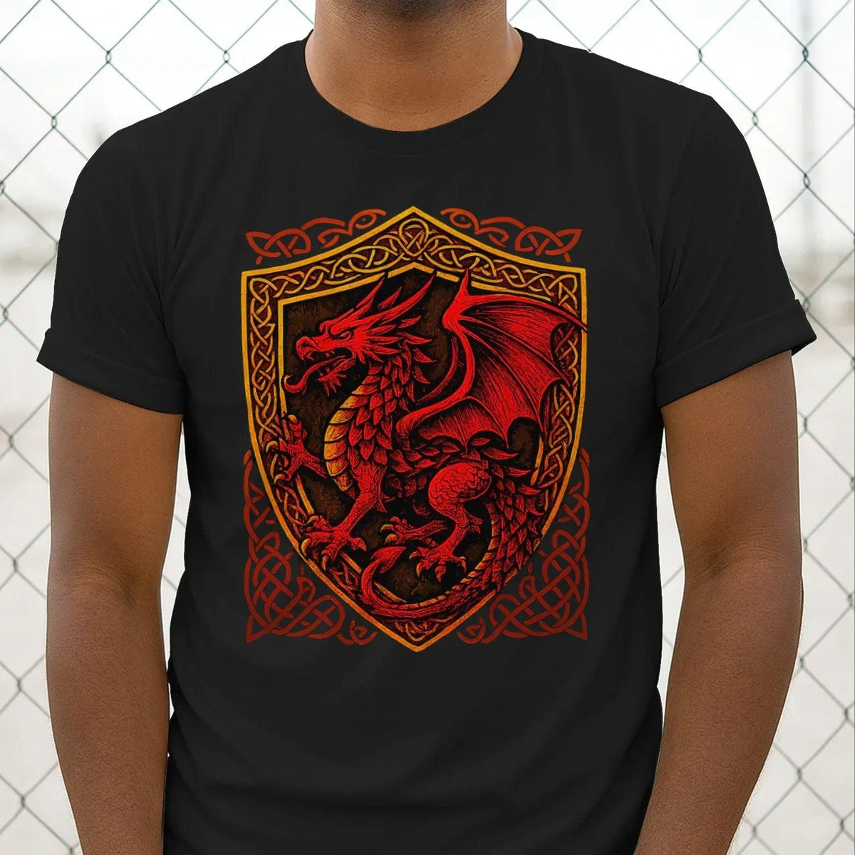 Black cotton crewneck T-shirt with red dragon shield crest graphic