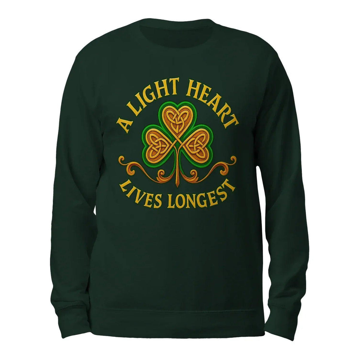 Forest green sweatshirt with front clover graphic and slogan text, crew neck long sleeves