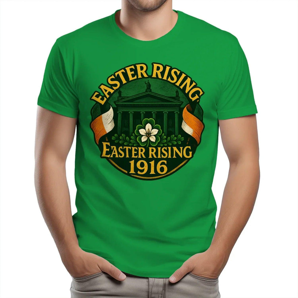 Unisex T-shirt in bright green with 'Easter Rising 1916' emblem graphic