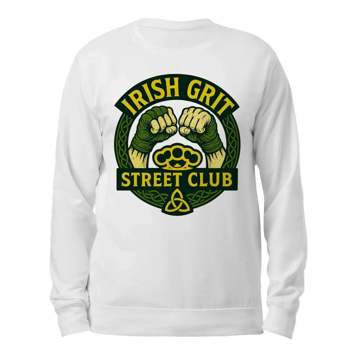 White crewneck sweatshirt back with green Irish grit street club logo graphic, long sleeves