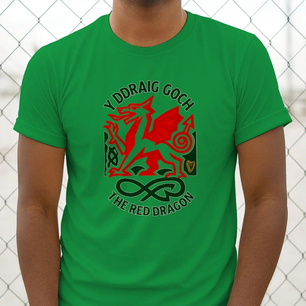 Green Wales dragon T-shirt with front red dragon emblem and green accent lines