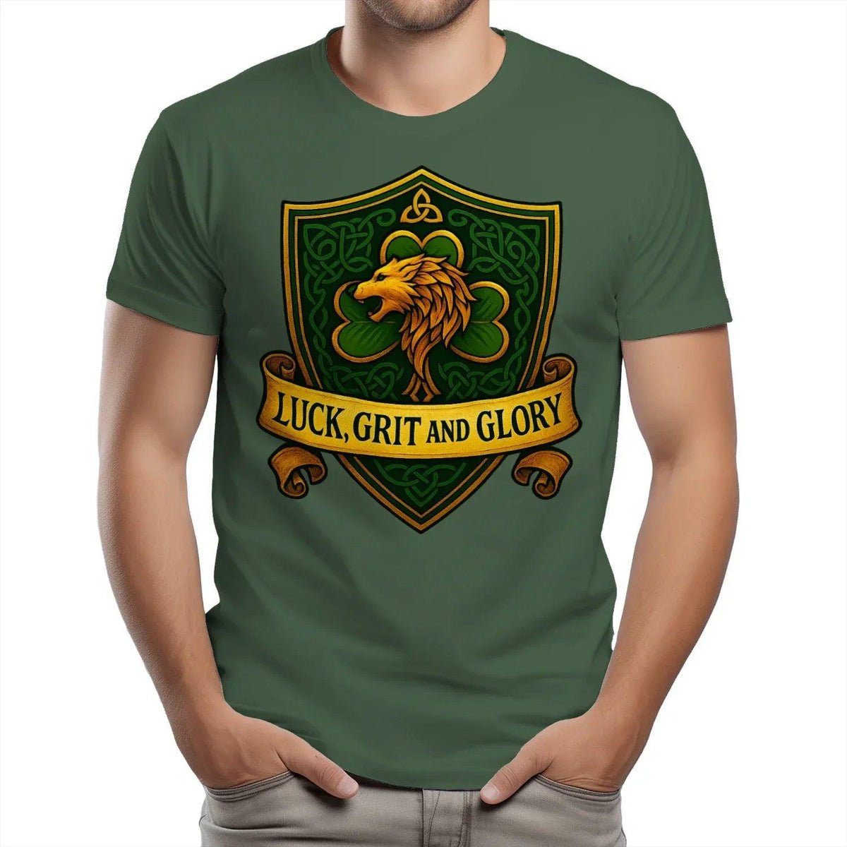 Dark green heavy T-shirt with lion shield graphic: 'LUCK, GRIT AND GLORY'