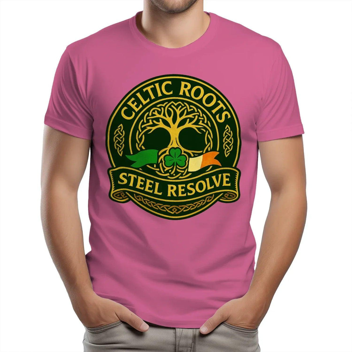 Purple heavy t-shirt featuring green and orange Celtic roots emblem, “Steel Resolve”