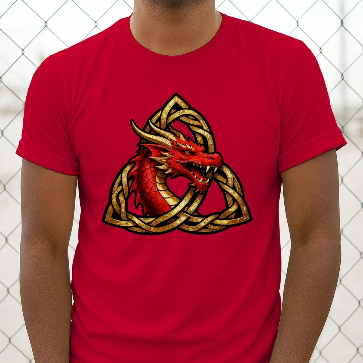 Red unisex T-shirt with a centered red dragon head in gold Celtic triquetra knot