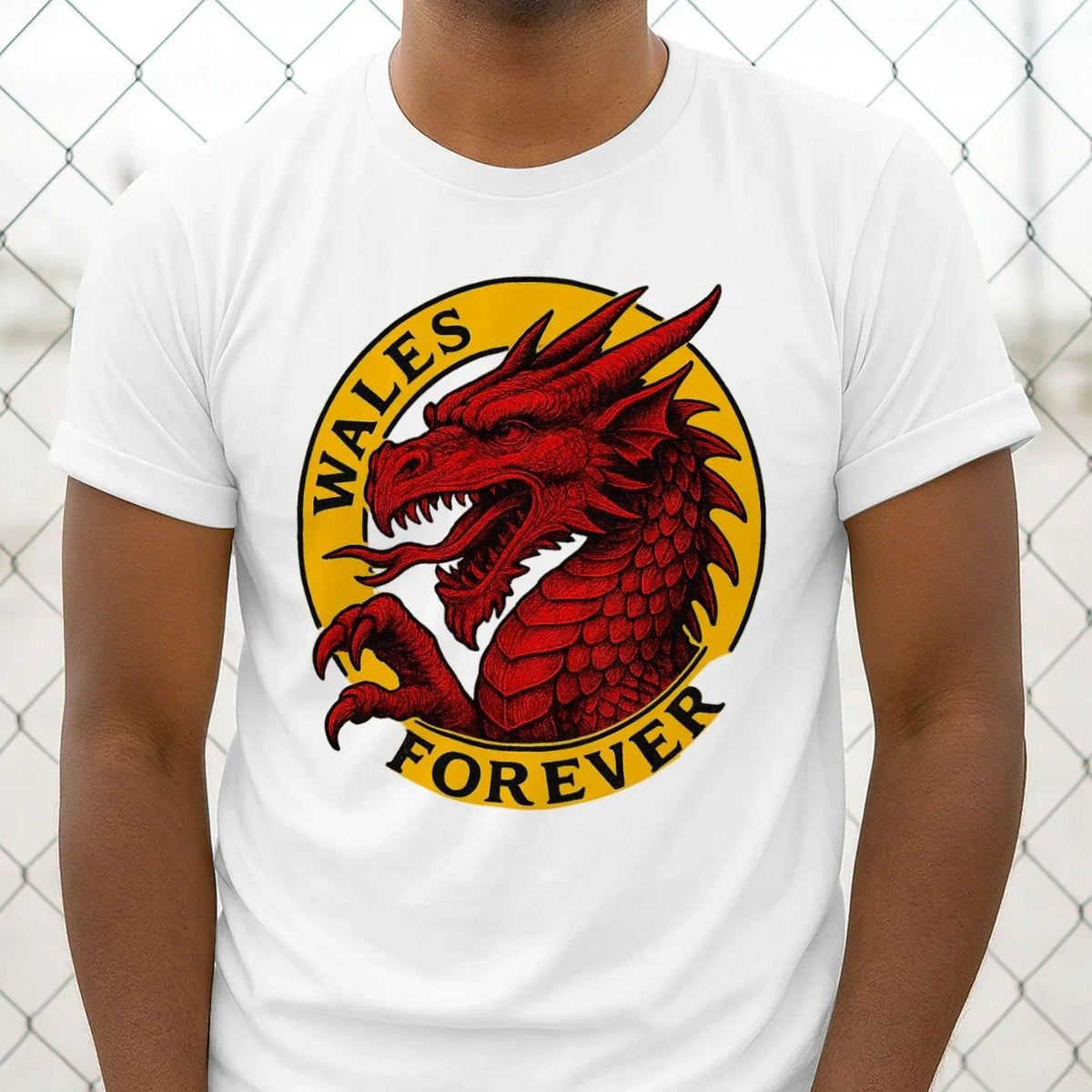 White dragon graphic t-shirt with circular Wales Forever emblem on chest