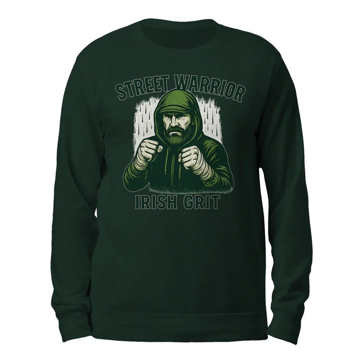 Dark green crewneck sweatshirt with “STREET WARRIOR” and “IRISH GRIT” graphic.