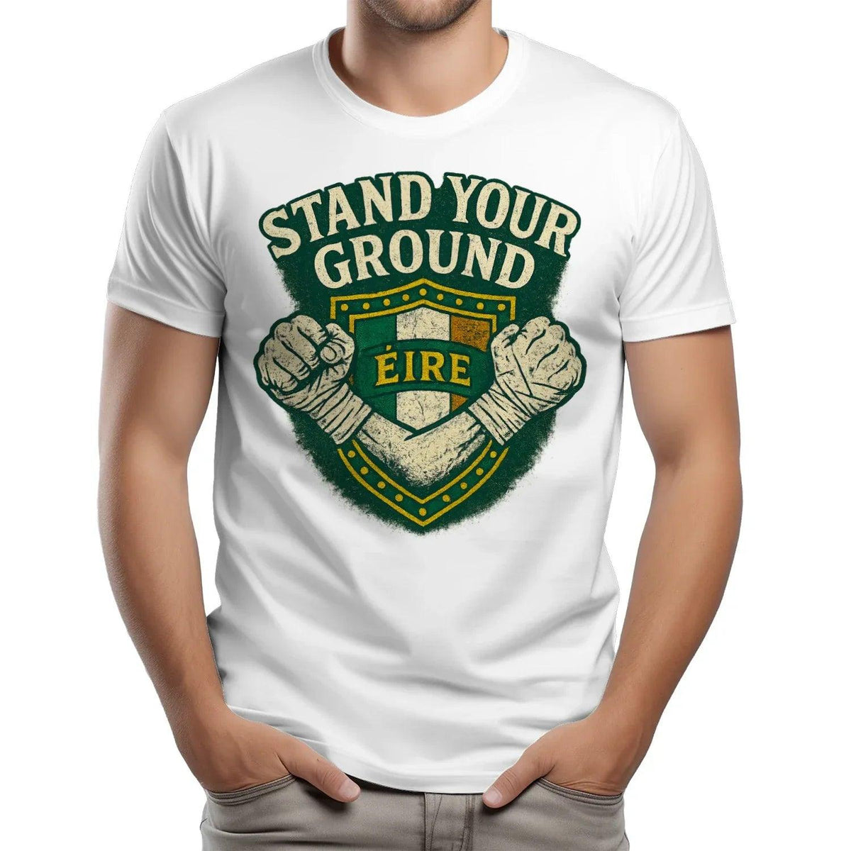 Heavy cotton T-shirt in white with green shield graphic and bold “Stand Your Ground” text