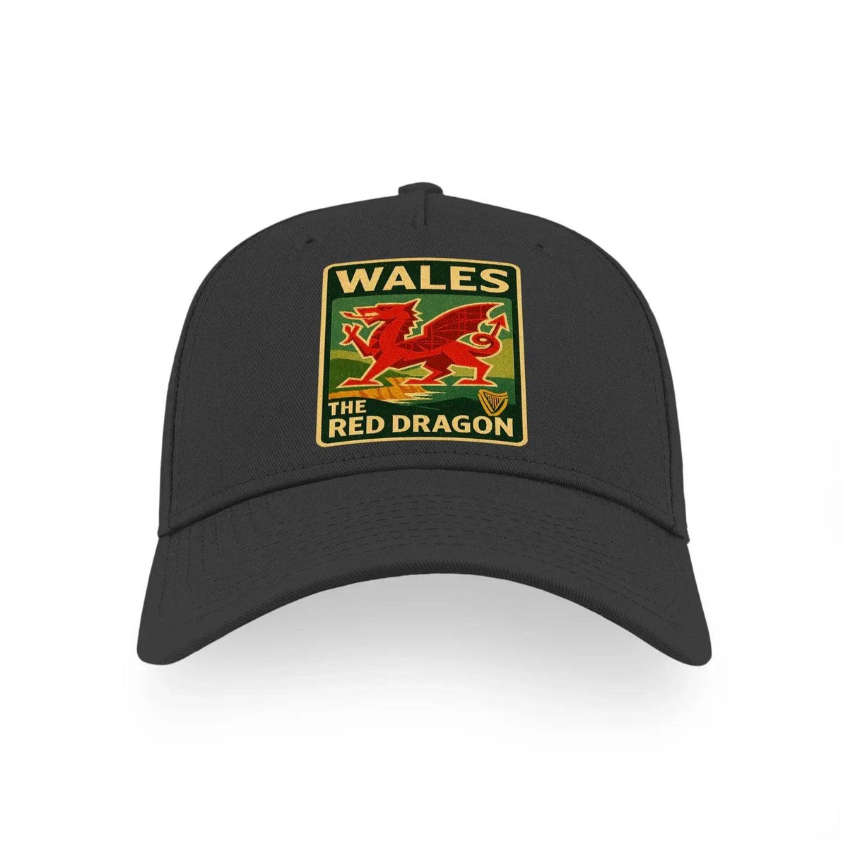 Black baseball cap with embroidered Wales “The Red Dragon” crest on the front.