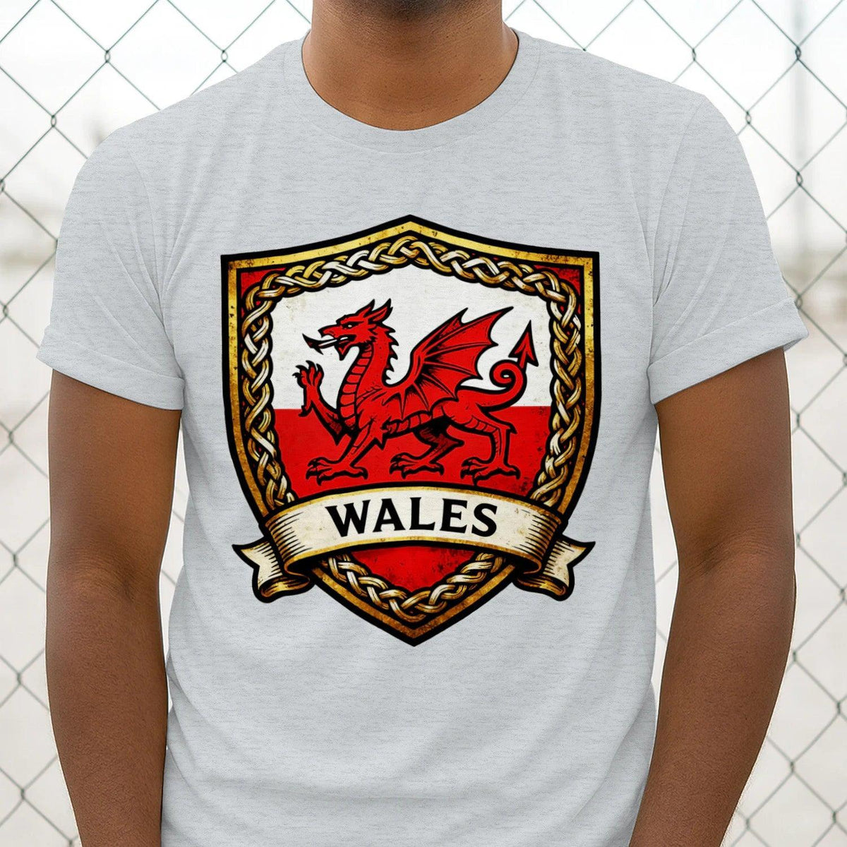 Sport grey cotton T-shirt with Wales crest dragon shield graphic, crew neck