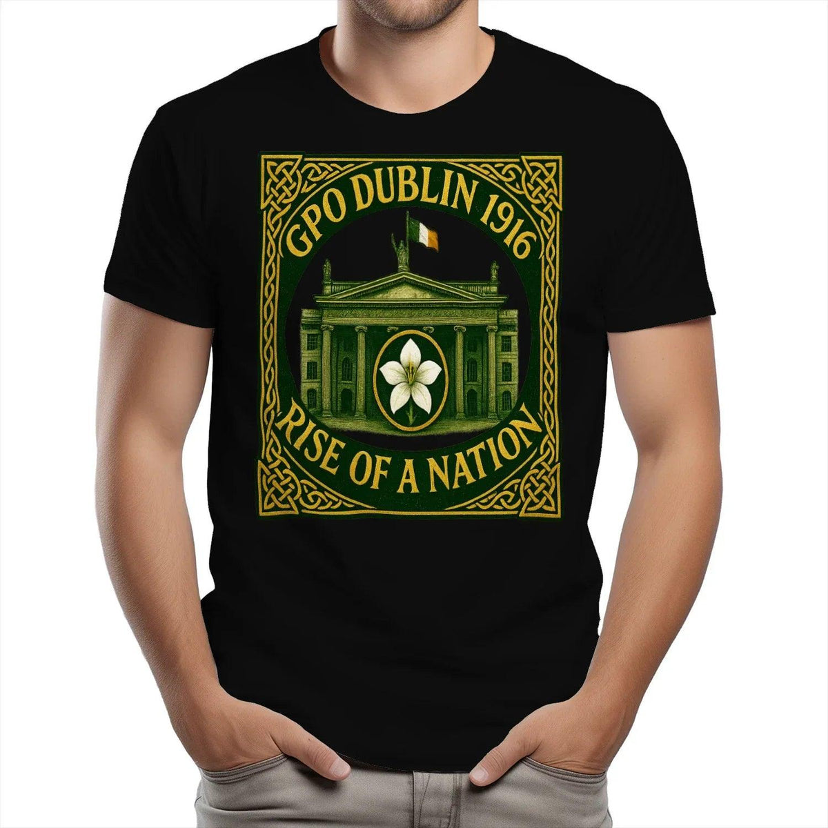 Unisex T-shirt in black with large GPO Dublin 1916 crest graphic on chest