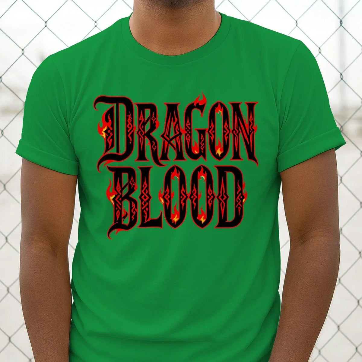 Unisex green short-sleeve T-shirt with Dragon Blood flaming gothic lettering print