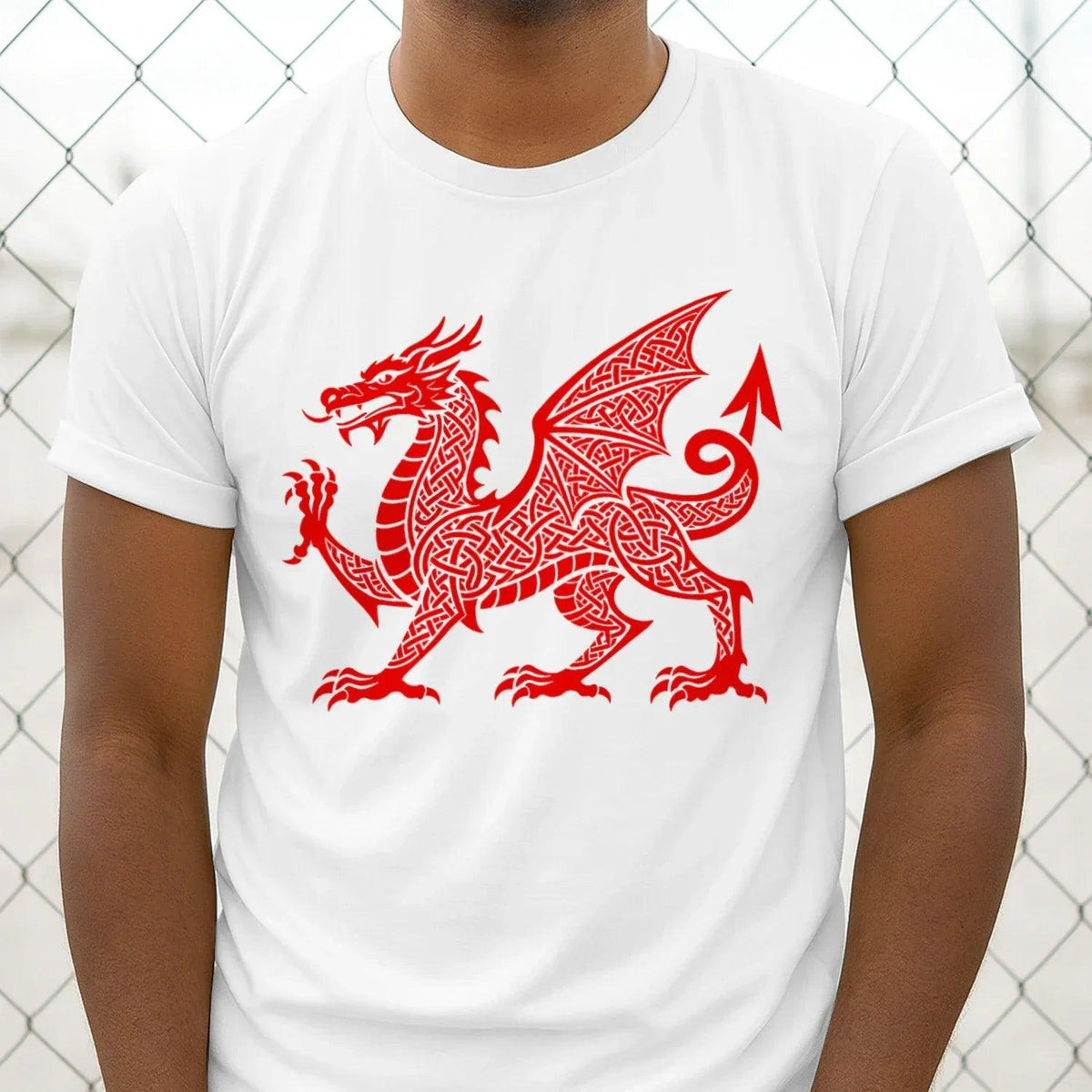 White crew-neck T-shirt with red Celtic dragon knotwork graphic