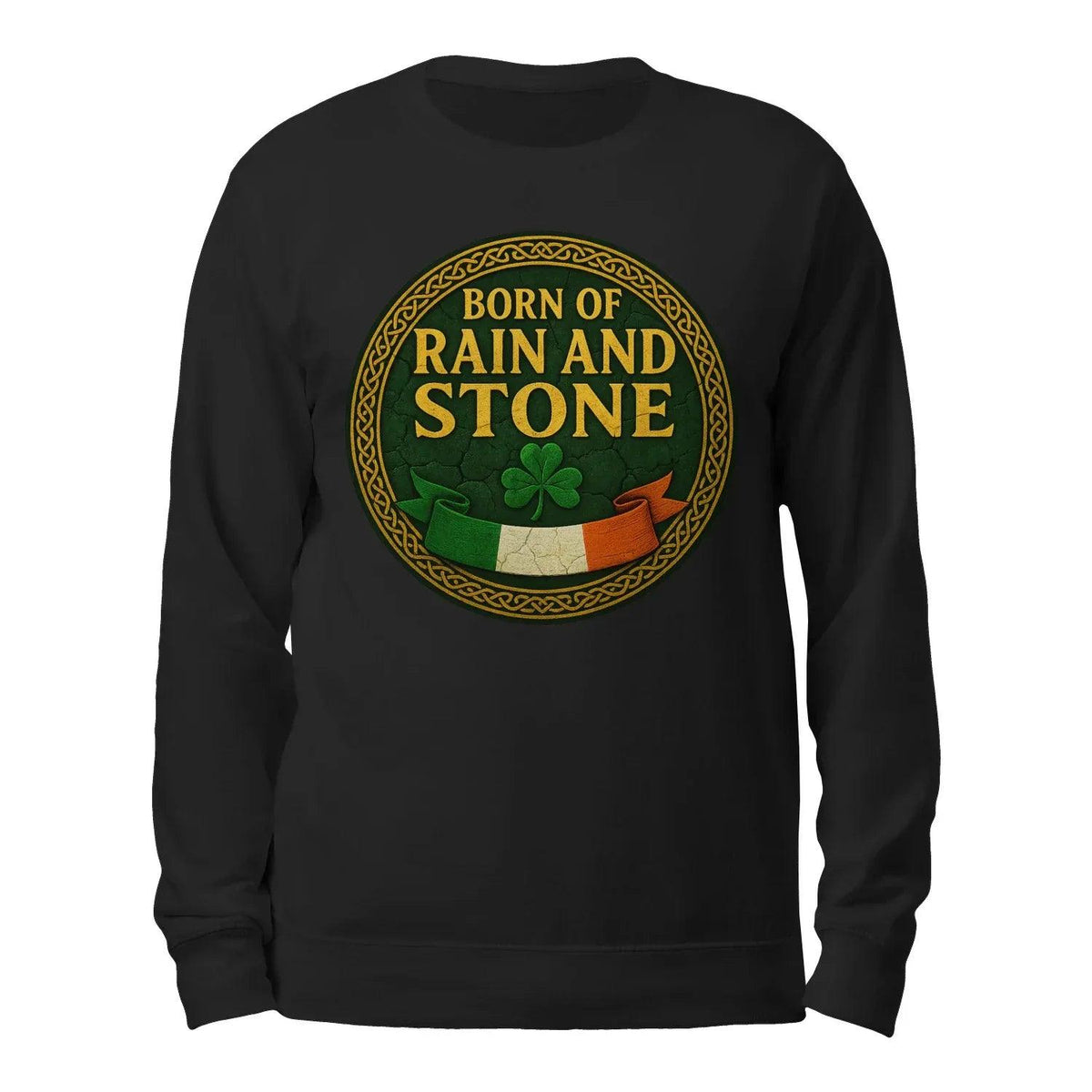 Black crewneck sweatshirt with large Born of Rain and Stone graphic on front