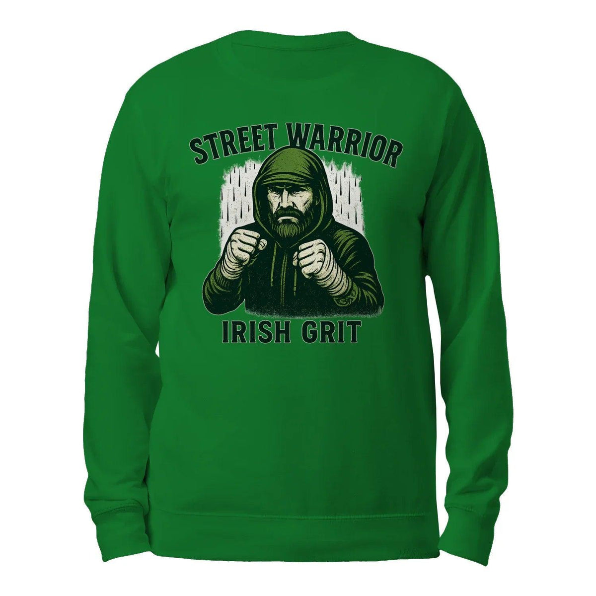 Green sweatshirt with “Street Warrior” logo and “Irish Grit” graphic, back view