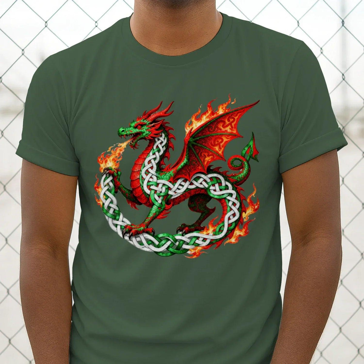 Green short-sleeve T-shirt with flaming dragon and Celtic knot graphic on front