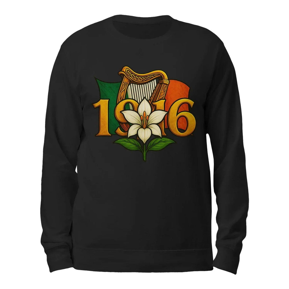 Black sweatshirt with lily and “1916” graphic, crewneck design